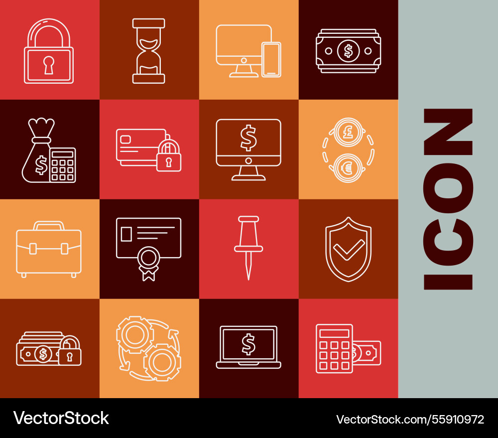 Set line calculator with dollar symbol shield Set line calculator with dollar symbol shield vector image