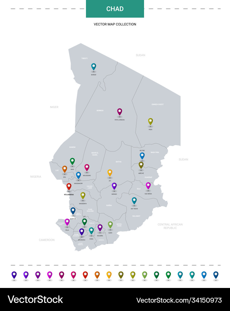 Chad map with location pointer marks infographic Chad map with location pointer marks infographic vector image