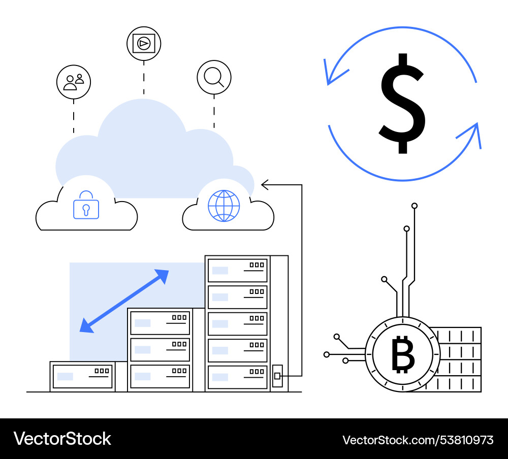 Cloud computing data security and cryptocurrency Cloud computing data security and cryptocurrency vector image