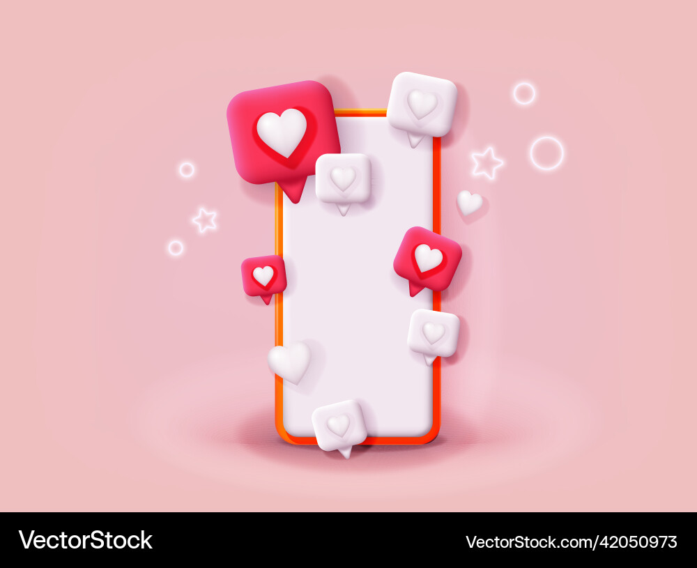 Smartphone with like notification icon 3d web Smartphone with like notification icon 3d web Vector Image