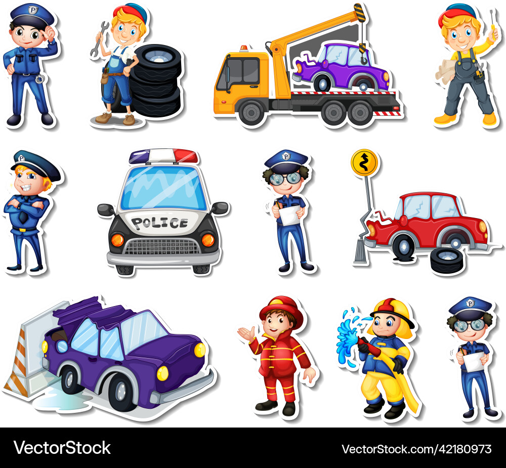 Sticker set of professions characters and objects Sticker set of professions characters and objects vector image
