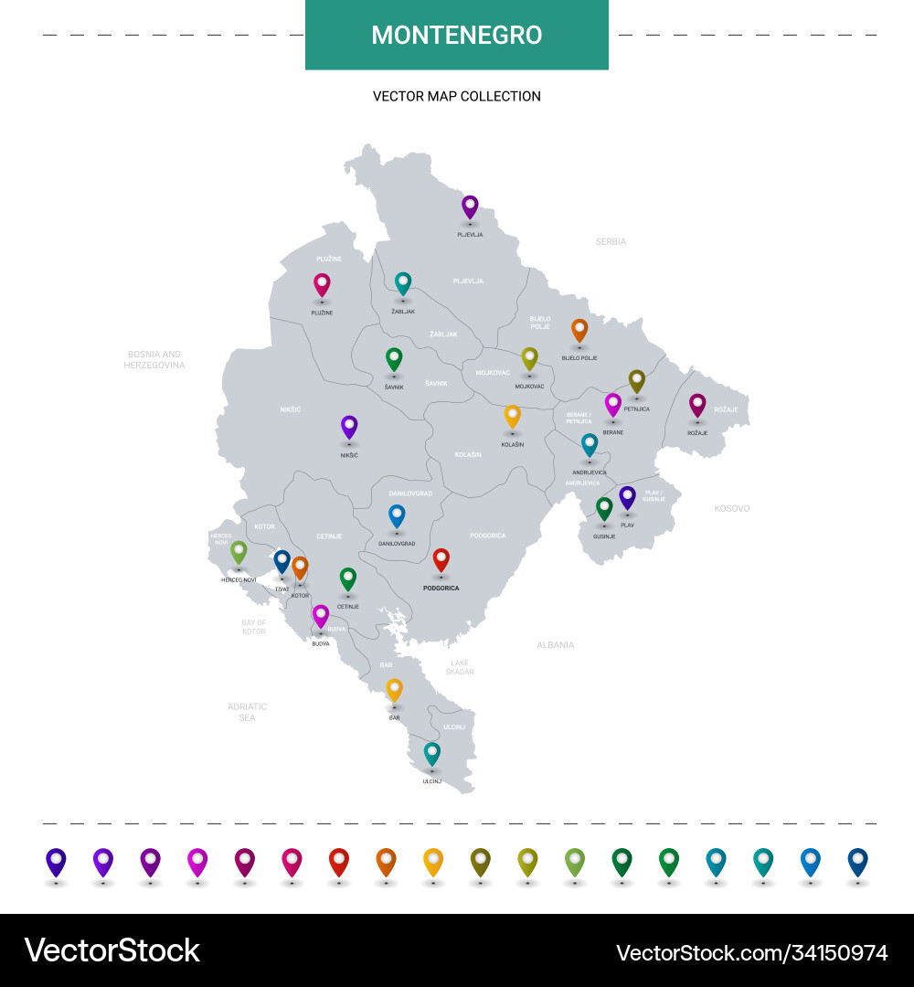 Montenegro Karte mit Standortzeigermarken Montenegro Karte mit Standortzeigermarken vektorbild