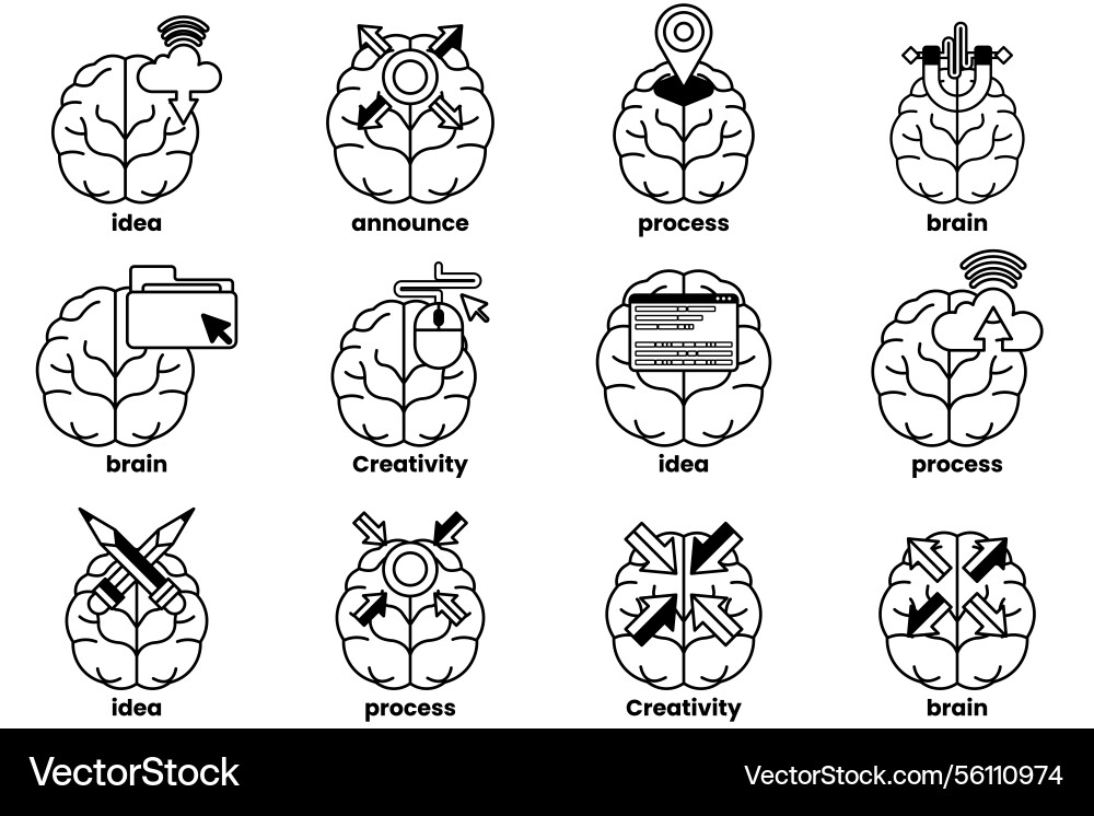 Set of in the concept brain and things line Set of in the concept brain and things line vector image
