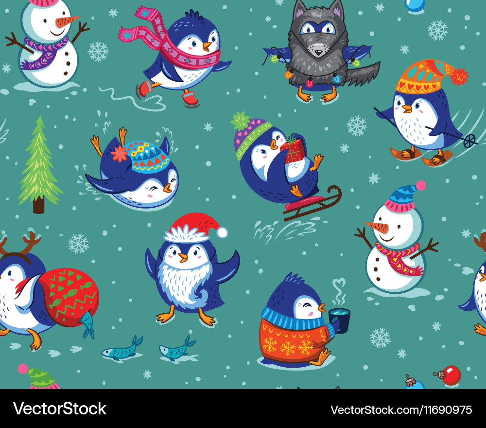 Christmas Penguins Seamless Pattern Vector Image