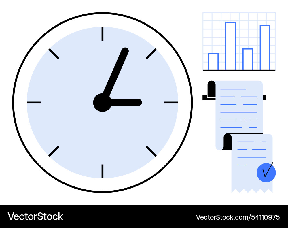 Clock bar chart and receipt with checkmark Clock bar chart and receipt with checkmark vector image