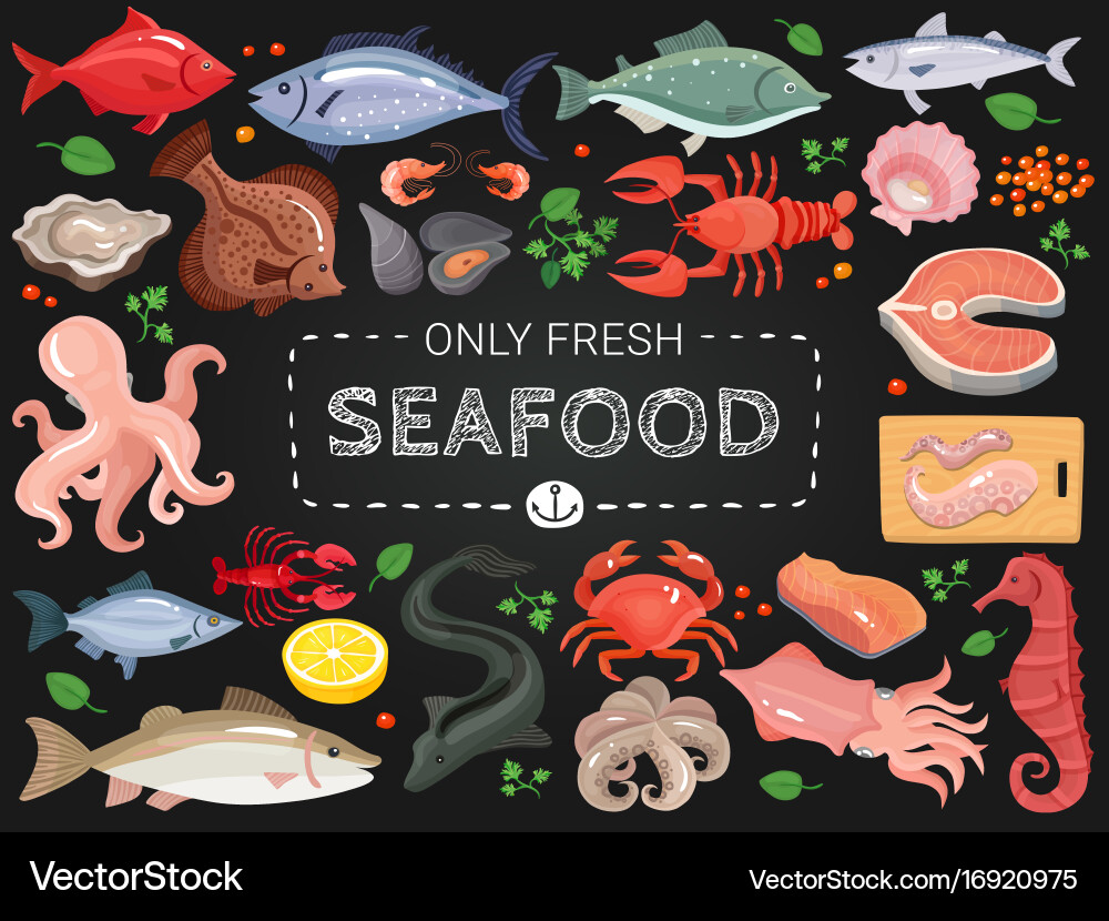 Seafood Menu Icons - Black Chalkboard Vector Image