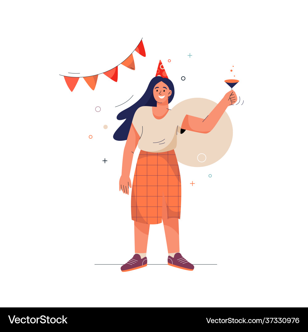 Happy birthday concept smiling woman raises her Happy birthday concept smiling woman raises her vector image