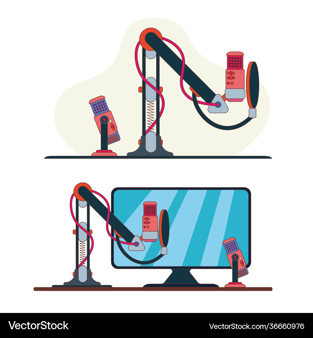 Studio desktop microphone with broadcast text over vector image