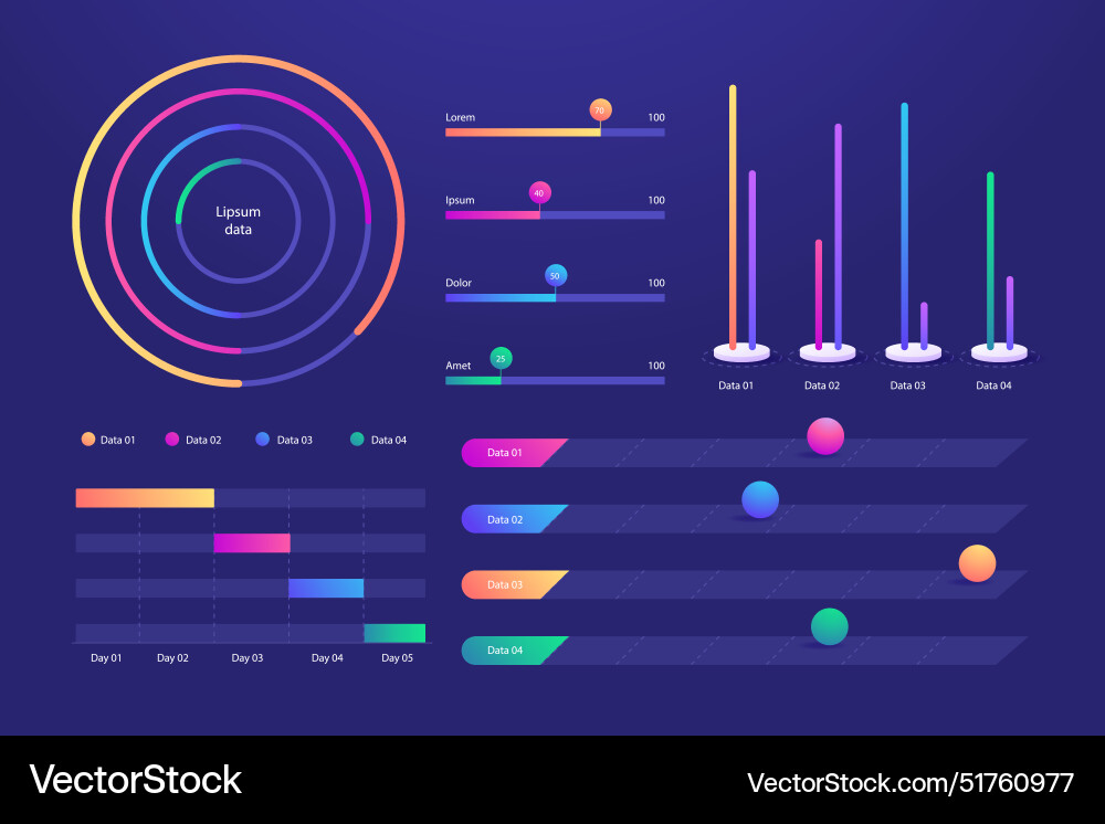 A series of vibrant graphs and charts displayed A series of vibrant graphs and charts displayed vector image