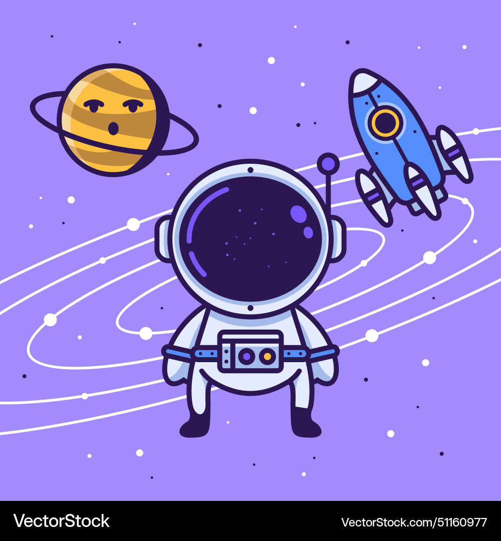 Astronaut in space with planet and rocket Vector Image