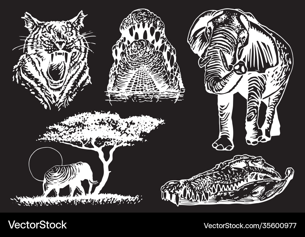 Graphical set african animals isolated on black Graphical set african animals isolated on black vector image