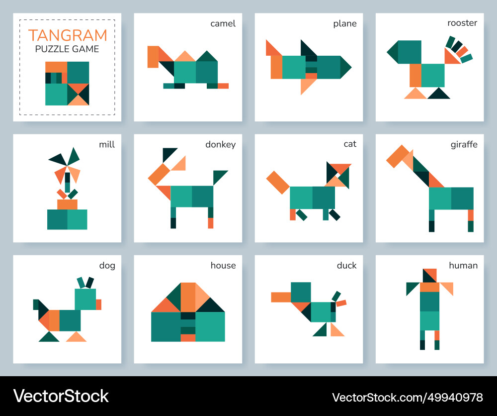Tangram mongolian puzzle game set with objects Tangram mongolian puzzle game set with objects vector image