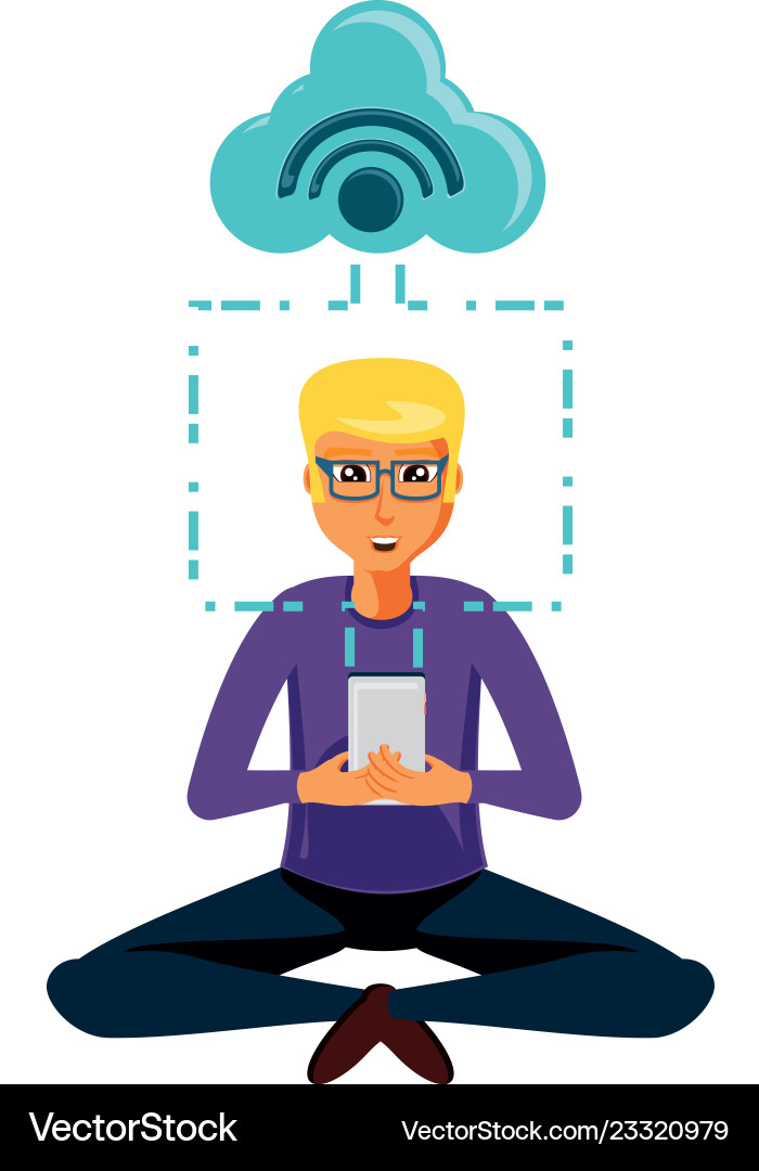 Man sitting with smartphone and cloud computing vector image