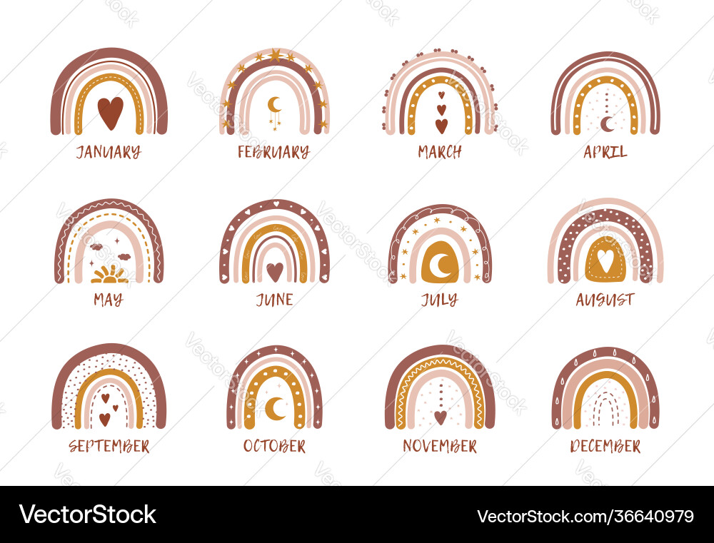 Rainbows in boho style with months scandinavian Rainbows in boho style with months scandinavian Vector Image