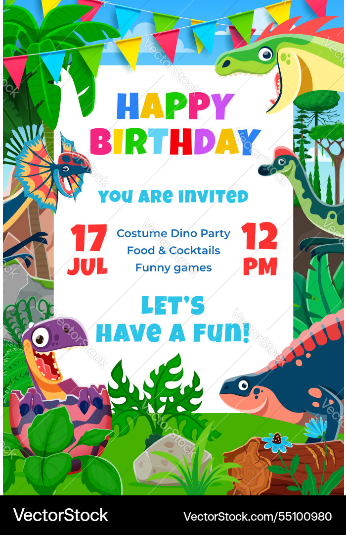 Birthday party flyer of funny dinosaur characters Birthday party flyer of funny dinosaur characters vector image