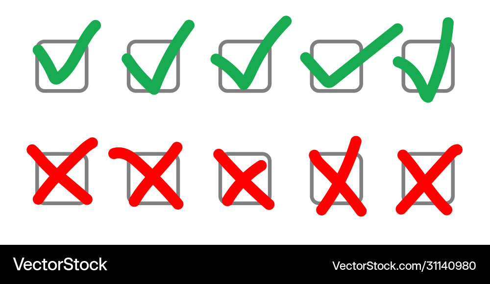Checkbox check mark cross set handwritten Checkbox check mark cross set handwritten vector image