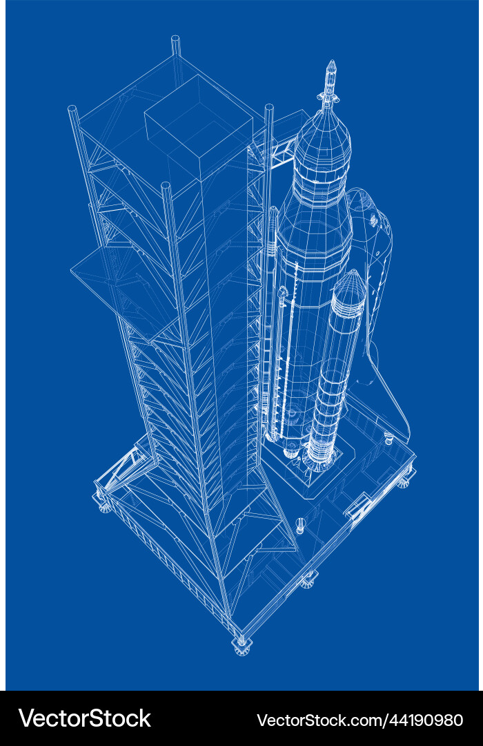 Space rocket on launch pad rendering of 3d vector image