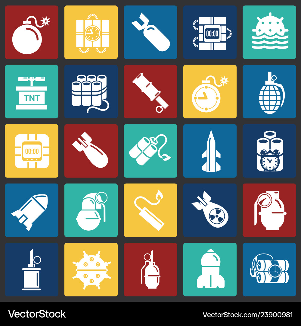 Bomb and weapon icons set on color squares Vector Image