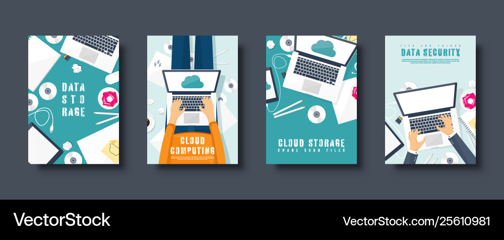 Cloud computing flat style covers set media data Cloud computing flat style covers set media data vector image