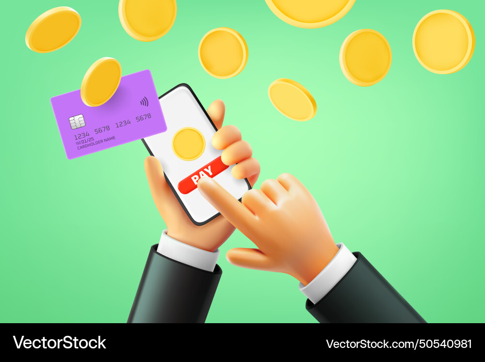 Man making payment via smartphone 3d Man making payment via smartphone 3d vector image