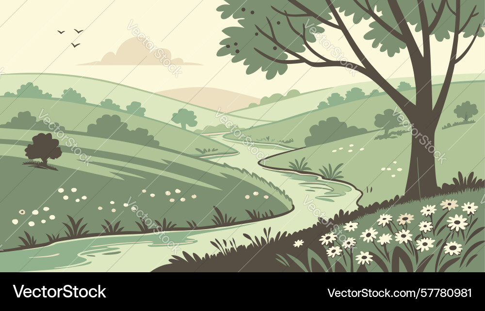 Scenic path through fields of flowers and trees Vector Image