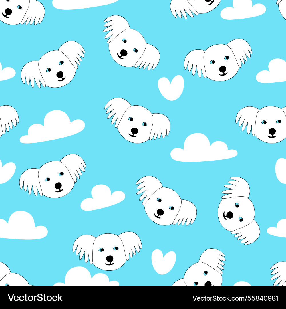 Seamless pattern with dog faces and clouds Vector Image