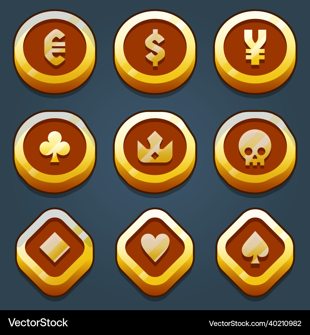 Bunte Spielsymbole Set aus Goldmünze Vektorbild