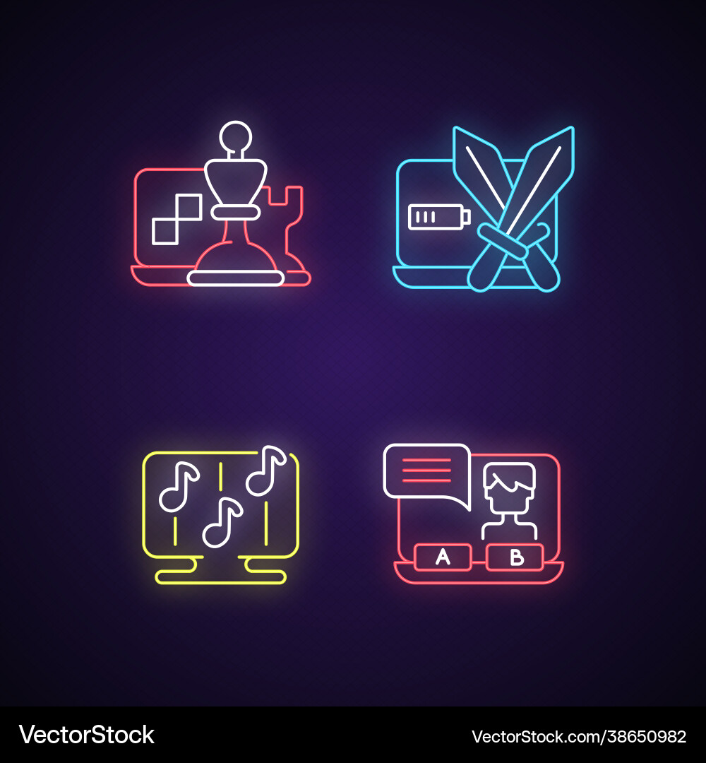 Competitive games types neon light icons set Competitive games types neon light icons set vector image