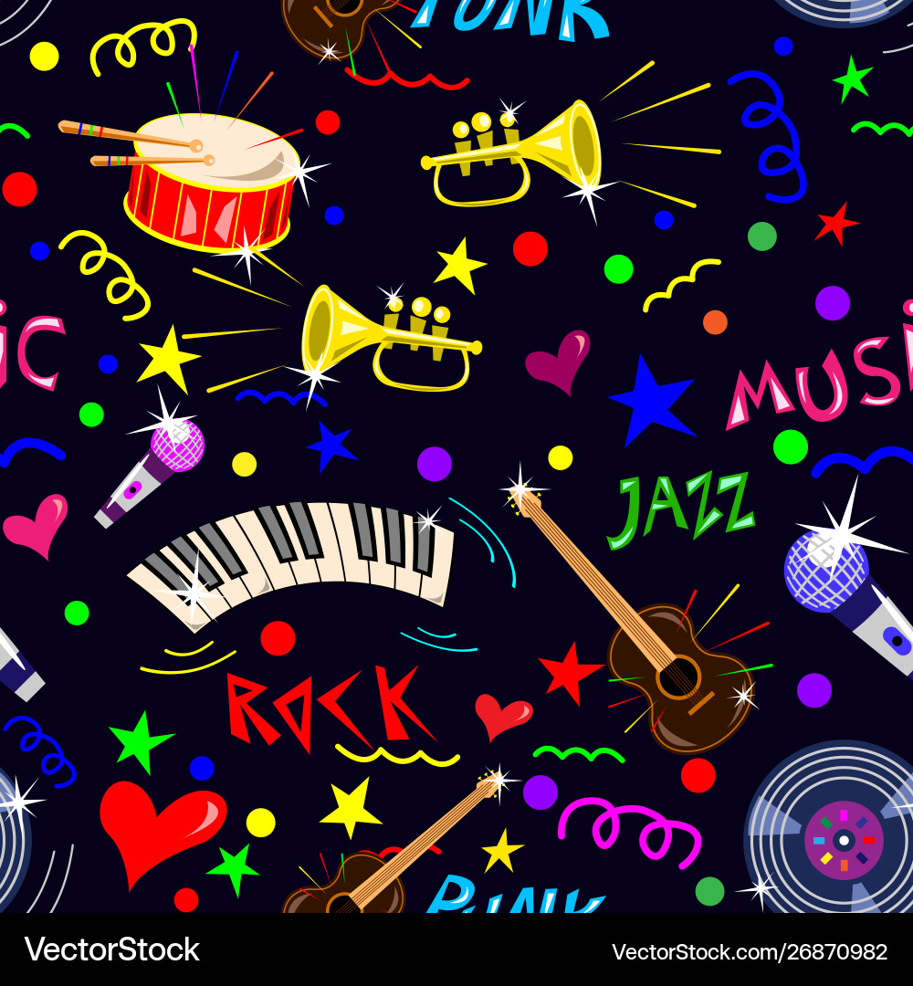 Set music instruments symbols seamless pattern vector image