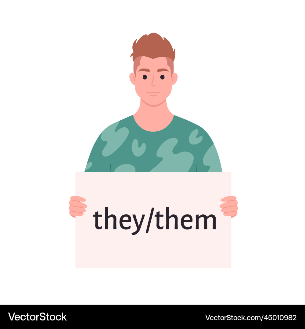 Young man holding sign with gender pronoun she Young man holding sign with gender pronoun she vector image