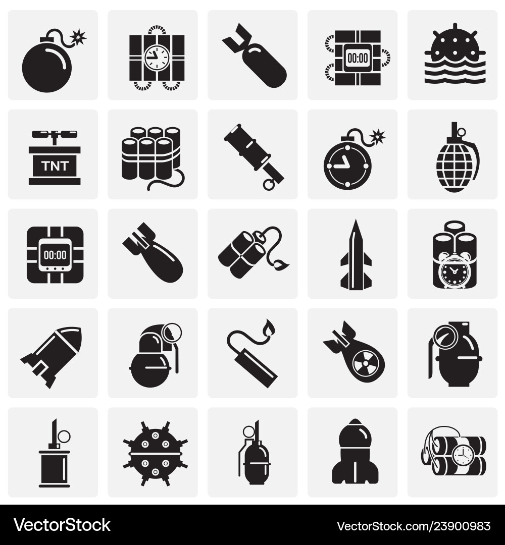 Bomb and weapon icons set on squares background Bomb and weapon icons set on squares background vector image