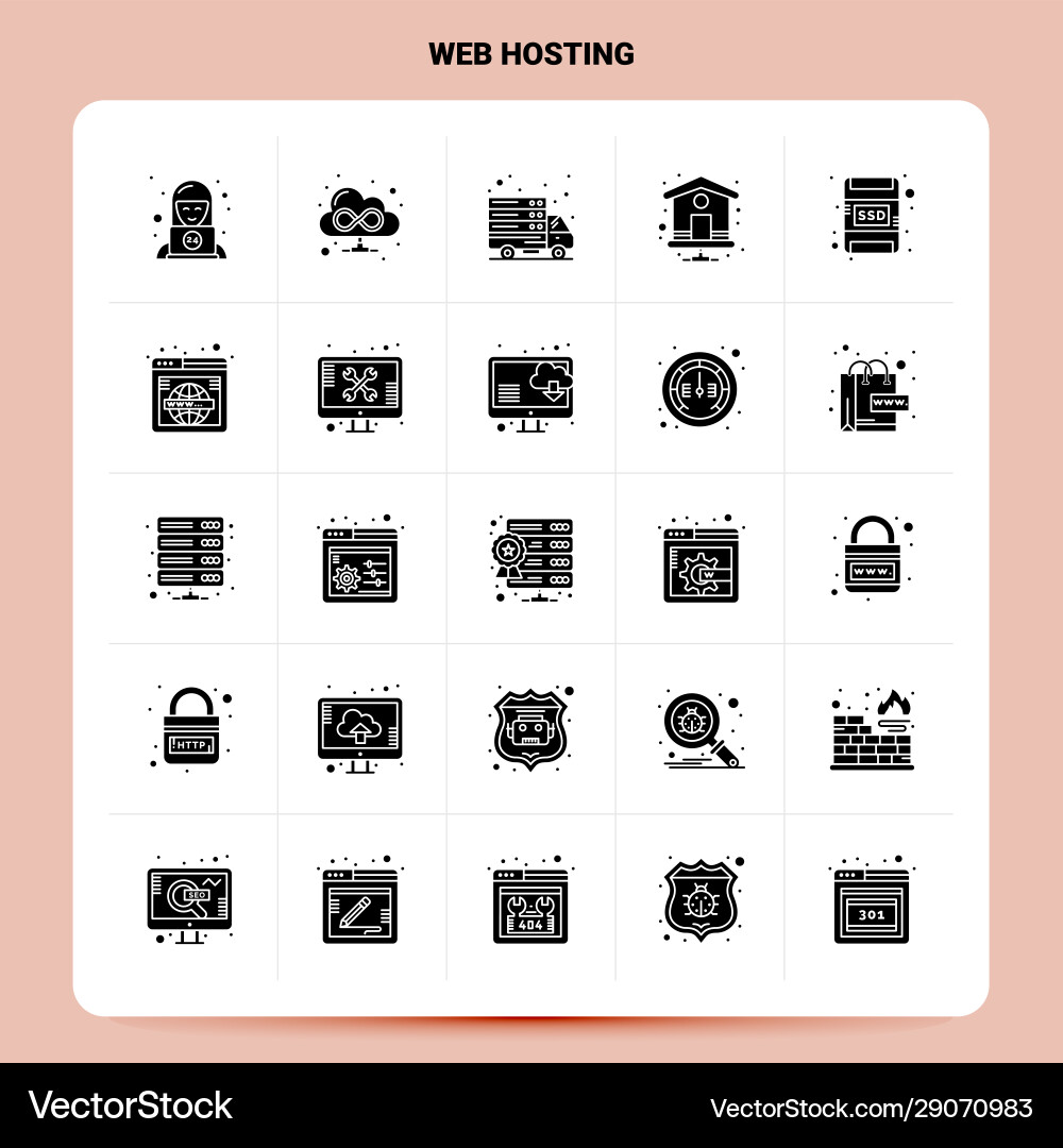 Solid 25 web hosting icon set glyph style design Solid 25 web hosting icon set glyph style design vector image