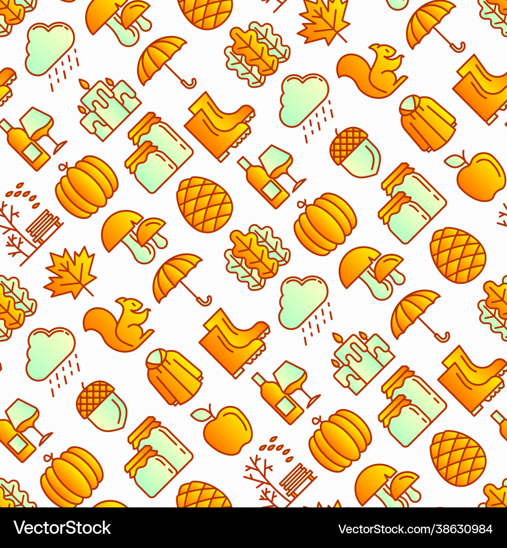 Autumn seamless pattern with thin line icons vector image