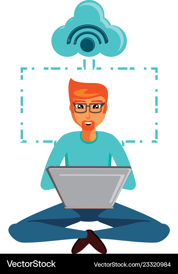 Man sitting with laptop and cloud computing Man sitting with laptop and cloud computing Vector Image