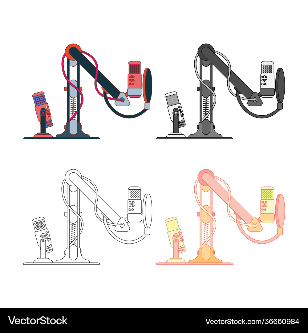 Studio desktop microphone with broadcast text over vector image