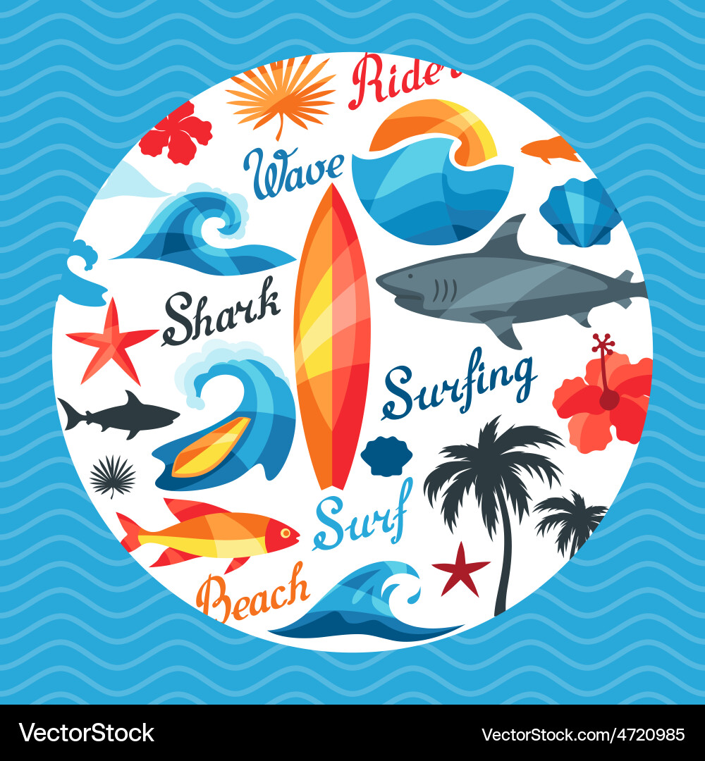 Background with surfing design elements vector image
