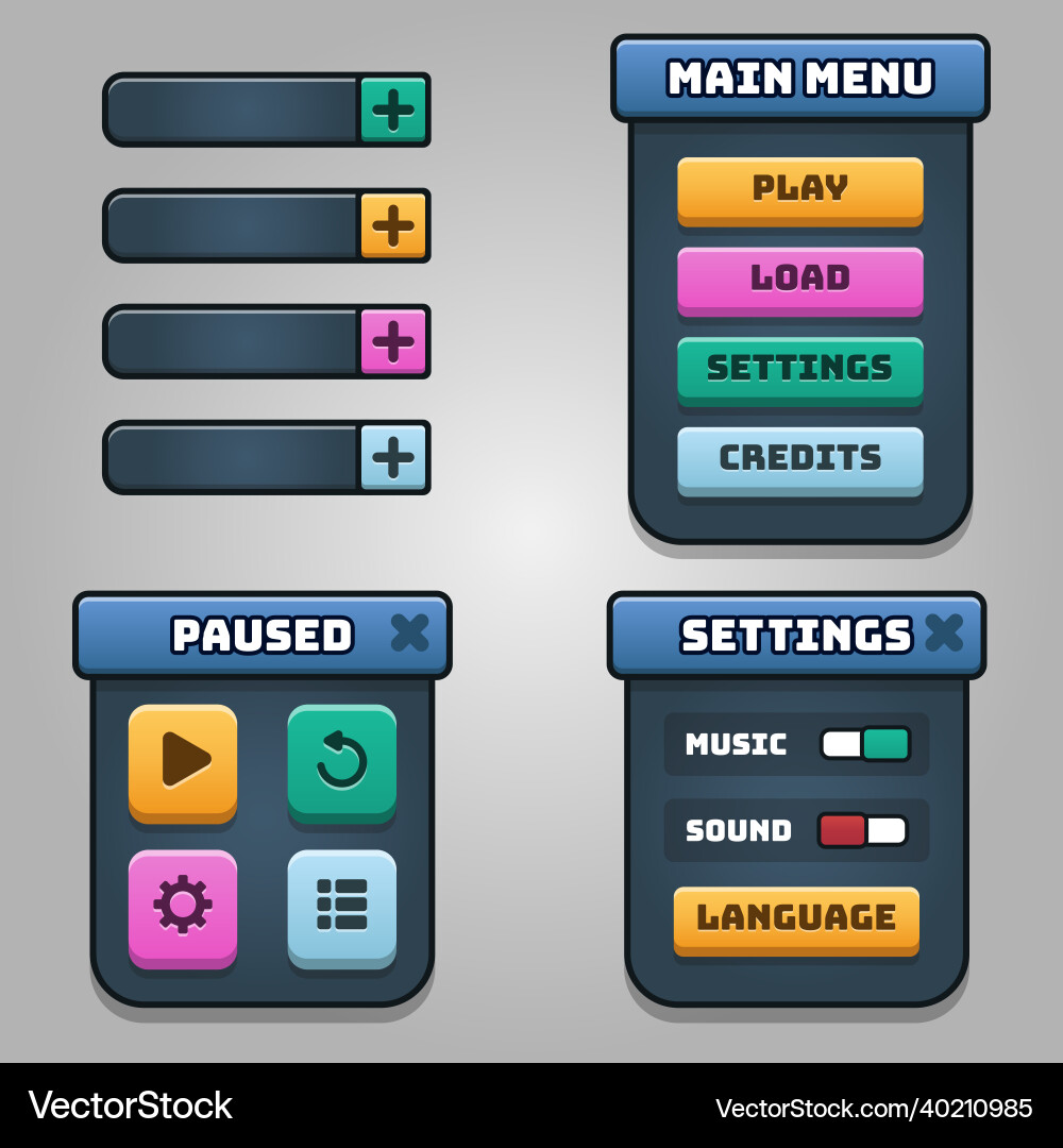 Game dark interface and colorful buttons set Game dark interface and colorful buttons set vector image
