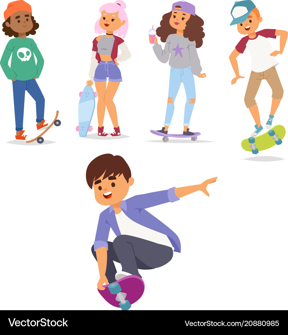Skateboard characters stylish skating kids Skateboard characters stylish skating kids vector image