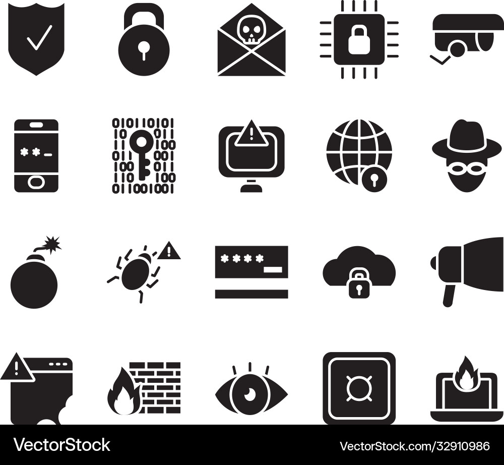 Hacker and cyber security icon set silhouette vector image