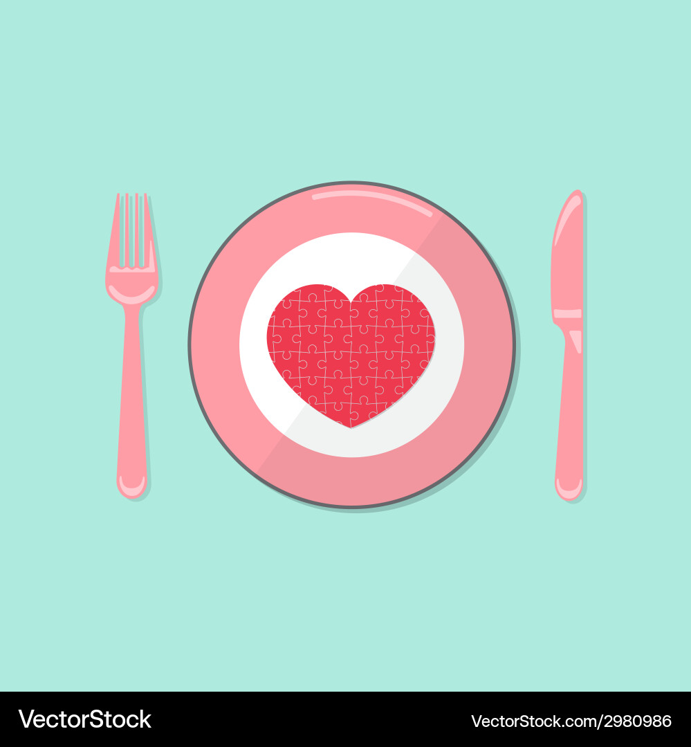 Puzzle heart on disk with fork and spoon vector image