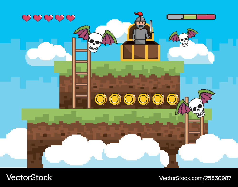 Arcade game world and pixel scene design vector image