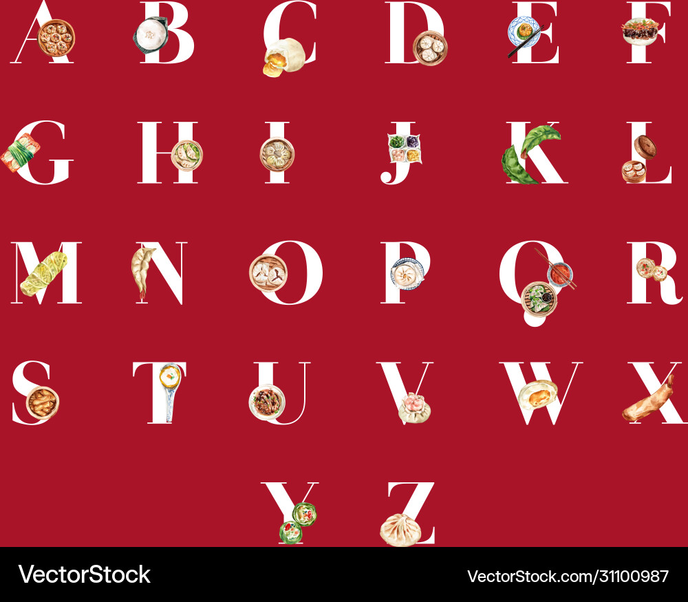 Dim sum alphabet design with spring roll dumpling Vector Image