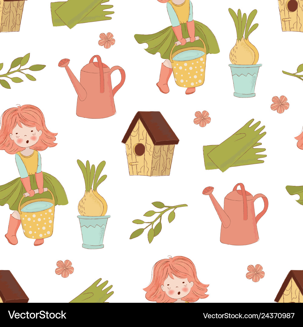 Gardening spring season seamless pattern Gardening spring season seamless pattern vector image