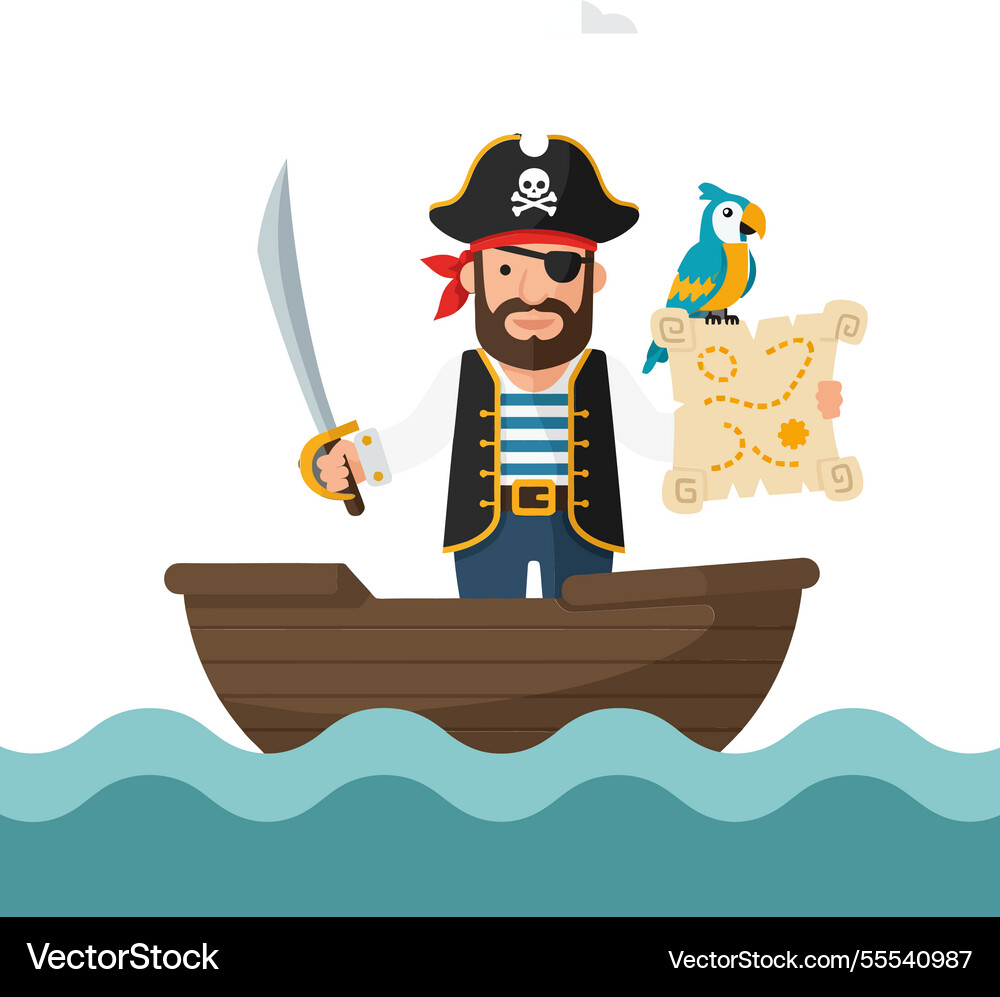 Pirate character with sword and map in flat Pirate character with sword and map in flat vector image