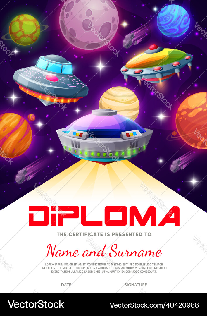Kinder Diplom fantastisch fliegenden Untertasse und Planeten Kinder Diplom fantastisch fliegenden Untertasse und Planeten vektorbild