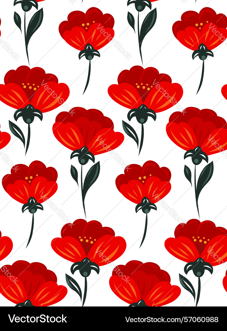 Naive pattern with red poppies in a row Vector Image