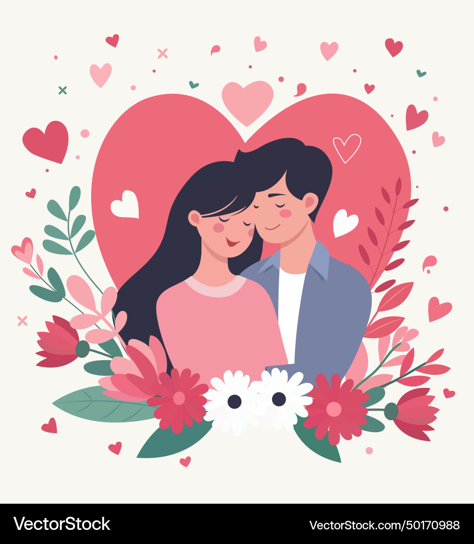 Romantic couple embracing with heart and flowers Romantic couple embracing with heart and flowers vector image