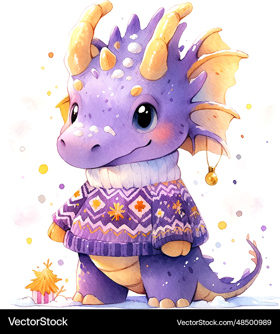 Cute christmas purple dragon in watercolor style Cute christmas purple dragon in watercolor style vector image