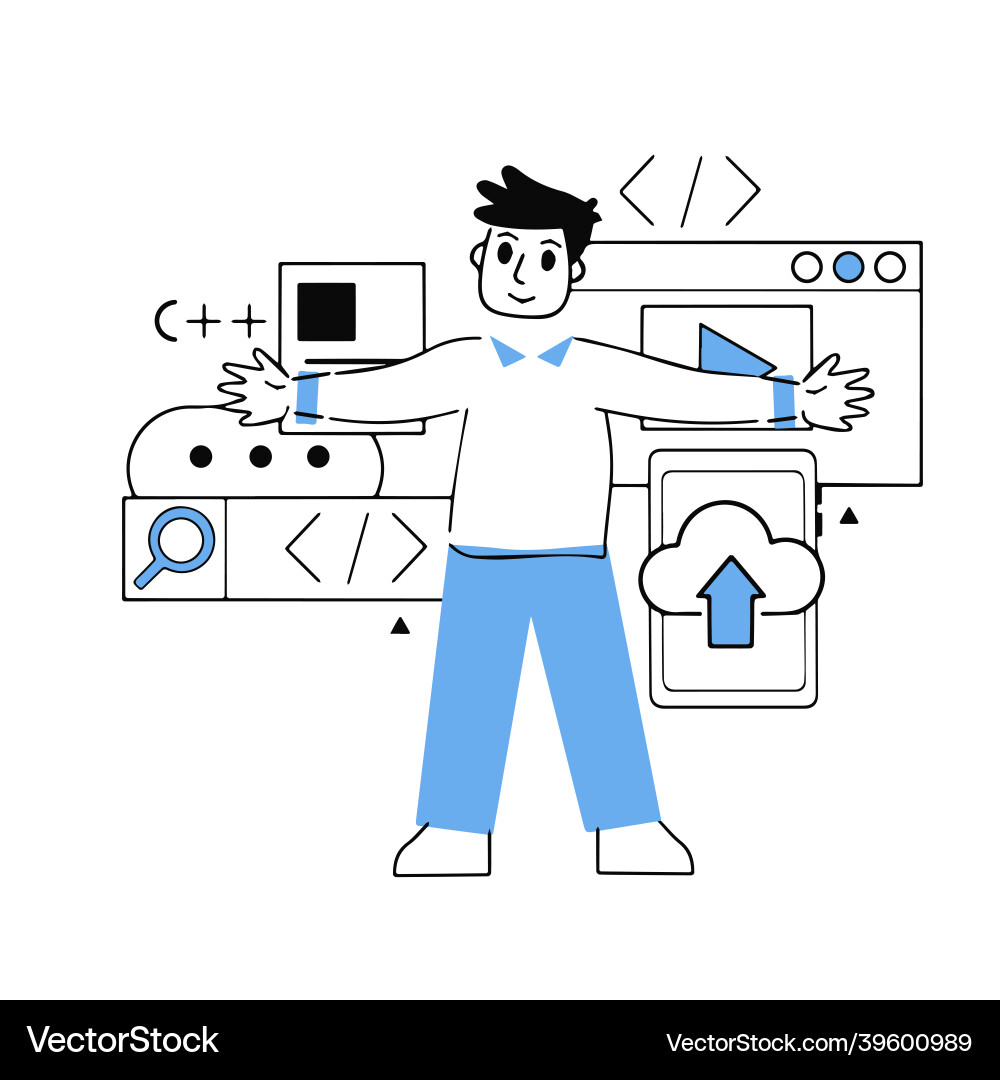 Programmierer arbeitet mit Code und Schnittstelle Programmierer arbeitet mit Code und Schnittstelle vektorbild