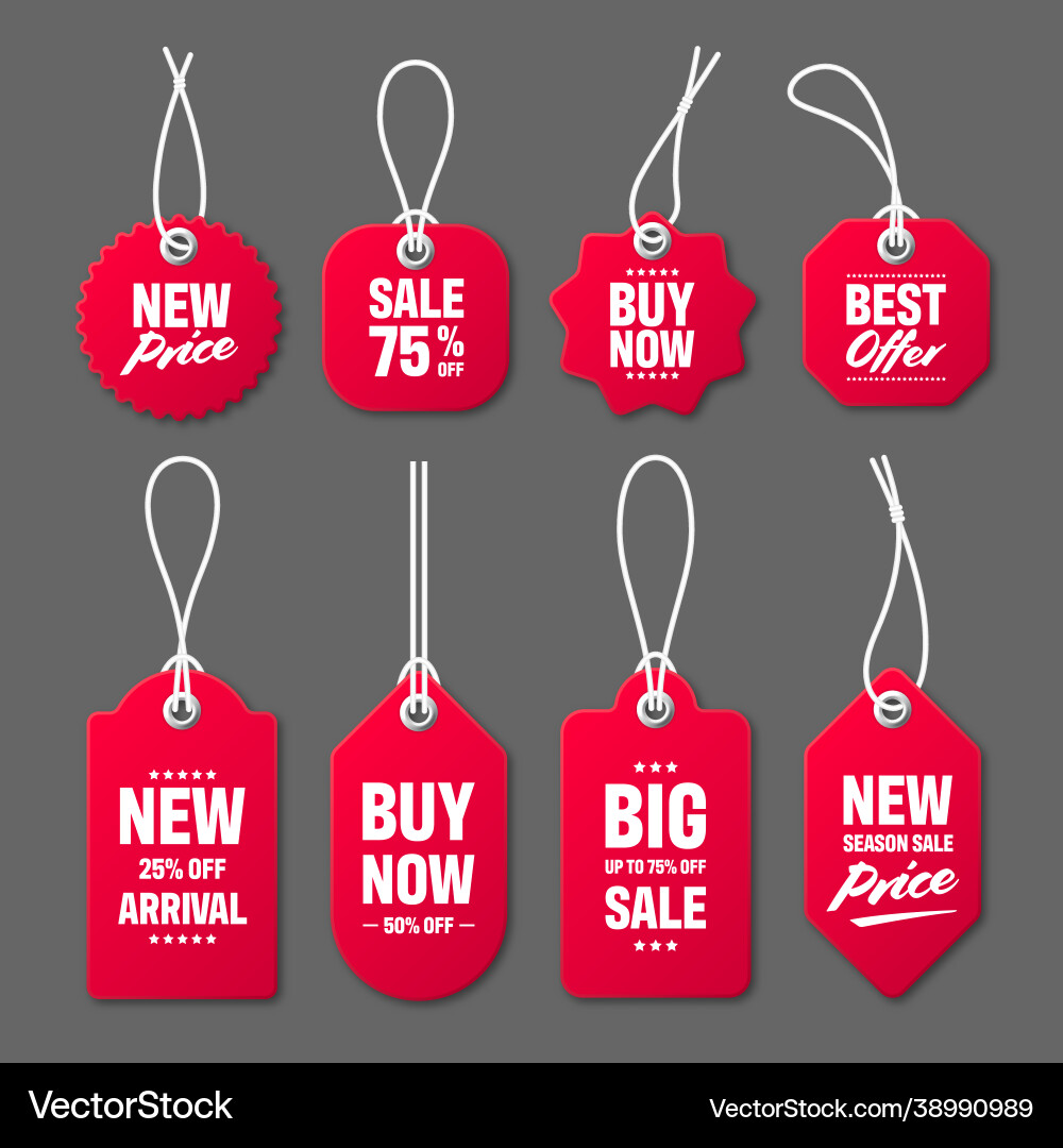 Realistic red price tags with white string on gray Realistic red price tags with white string on gray vector image